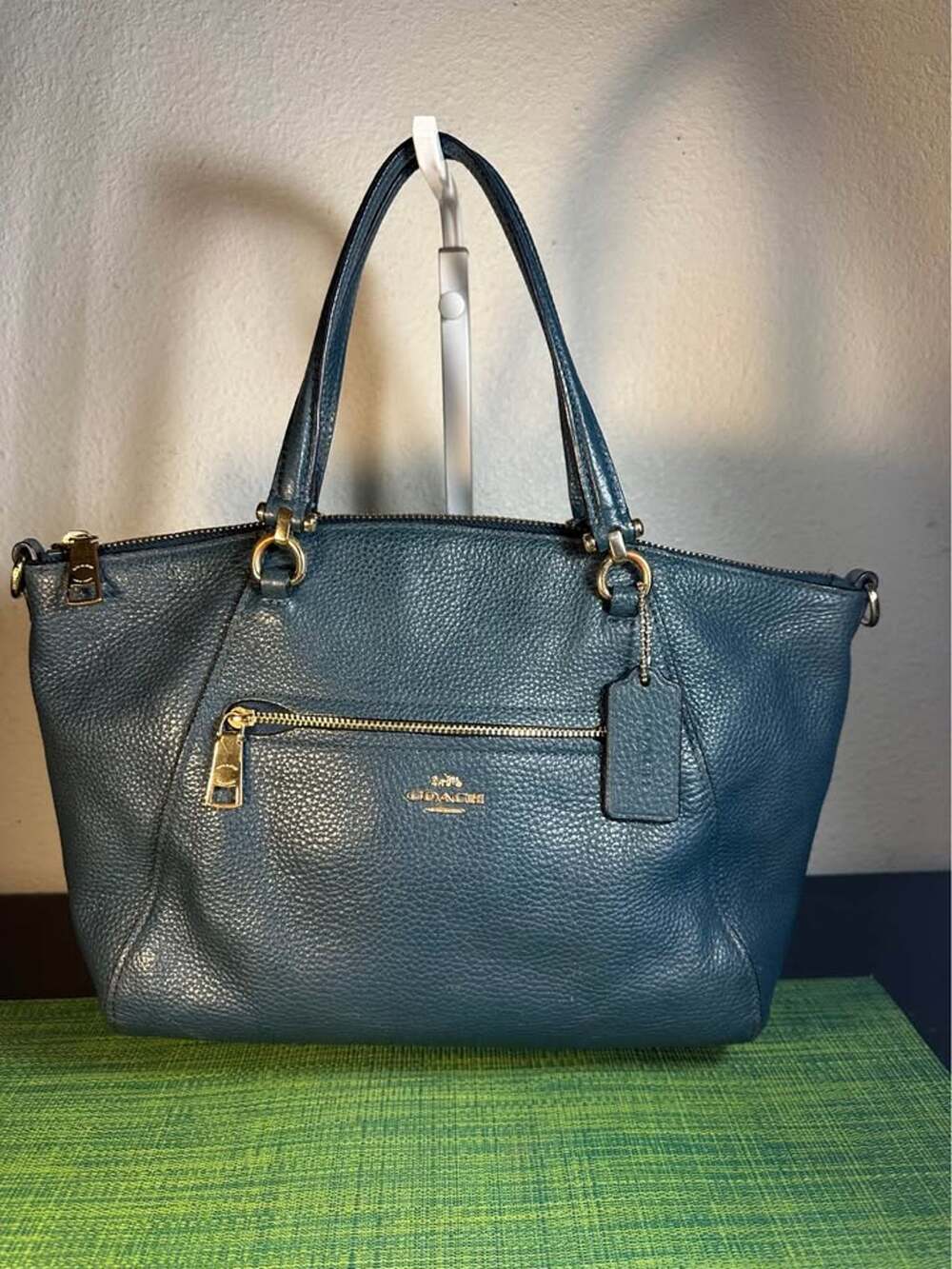 Coach Prairie Satchel in Dark Peacock Green Teal Pebble Leather-PLS Read